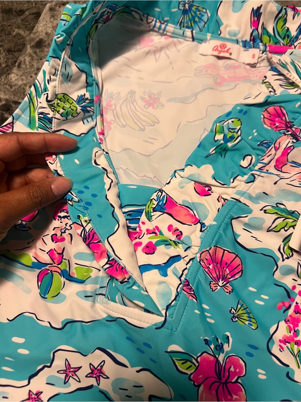 Aryeh Turquoise & Pink Tropical Print Ruffled Sleeveless Top UPF50+ Size S - Picture 8 of 13